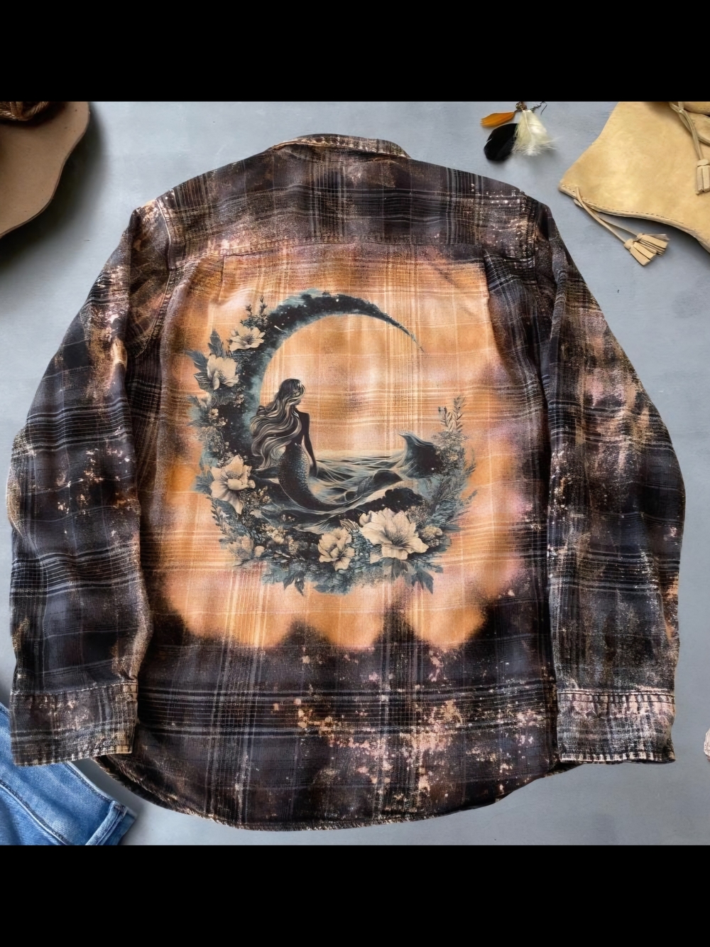 Hand-bleached Flannel Shirt with Moon Mermaid Graphic - Black & Rust
